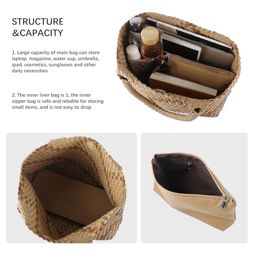 Woven Tote Bag Womens Purse Vegan Leather Shoulder Handbags Fashion Summer Beach Tote Bags Large Travel Totes - color: Apricot-b