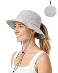 Womens Ponytail Sun Hat Packable UPF50+ Waterproof Bucket Hat Hiking Fishing Safari Hat Foldable Beach Hat - color: Griege