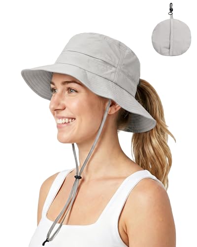 Womens Ponytail Sun Hat Packable UPF50+ Waterproof Bucket Hat Hiking Fishing Safari Hat Foldable Beach Hat - color: Griege