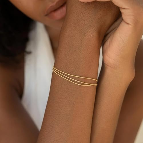 Gold Bracelets for Women, 14K Gold Plated Stackable Bracelet Stack Set Adjustable Charm Paperclip Chain Snake Link Layered Waterproof Jewelry Sets Gifts - style: Herringbone Chain GD