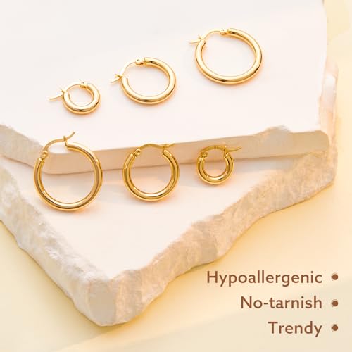 Poxtex Small Sterling Silver Huggie Hoop Earrings Set for Women, Hypoallergenic 14K Gold Plated Hoops Stacks for Multiple Piercings, Dainty Cute Mini Lightweight Cartilage Studs Trendy Jewelry Gift - color: Gold-large hoops 8 15 20