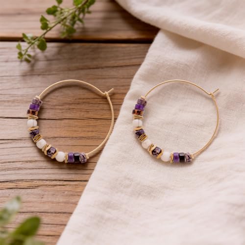 Natural Stone Beaded Hoop Earrings for Women, Boho Handmade Lightweight Hypoallergenic Trendy Summer Beach Accessories Fashion Jewelry Gift - color: Purple