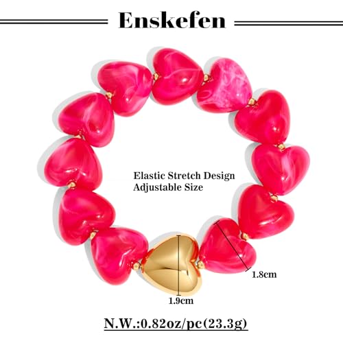 Multicolor Chunky Beaded Bracelet for Women Bold Acrylic Resin Stretch Bracelet Summer Beach Statement Bracelets Trendy Elastic Bangle Jewelry - color: Heart bracelet-rose red