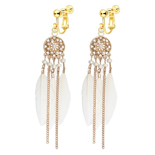 Clip on Tassel Dangle Earrings for Boho Women, Non Pierced, Colorful Feather Handmade Beads Fashion Vintage Fringe Jewelry for Parties Weddings Festivals Trendy Statement Earrings for Bohemian - color: White B