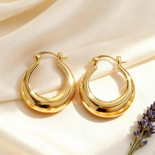 Hoop Earrings for Women 14K Gold Plated Thick Chunky Hoops Hypoallergenic Trendy Dainty Jewelry Gifts - style: Round Hoop