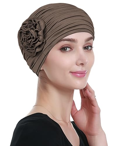 Alnorm Flower Design Chemo Hair Loss Caps Cancer Headwear for Women - color: Brown