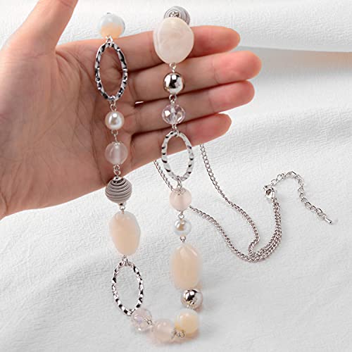 BULINLIN Beaded Long Necklace for Women Silver Sweater Chain Necklace with Crystal Resin Beads, Fashion Jewelry Necklace - color: White