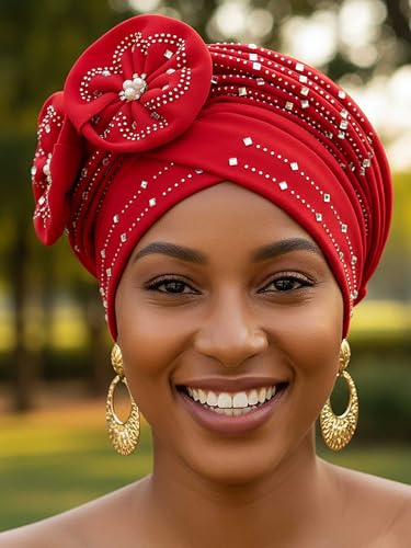 Woeoe Beanie Cap Head Wrap Black Rhinestones Head Scarf Flower Pearls Twisted Head Turban for Women Girls - color: Red