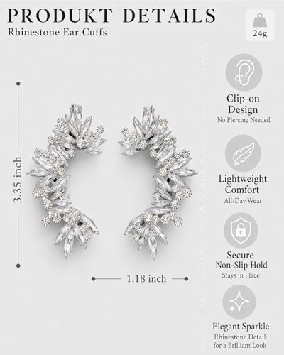 Rhinestone Silver Full Ear Cuff Earrings for Women Ear Clip Wrap Statement Climber Crawler Earrings for Women Hypoallergenic Silver Wedding Jewelry Gifts - color: Silver