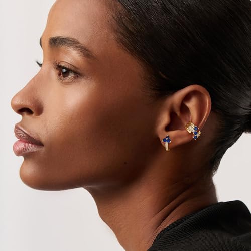 MEVECCO Ear Cuff Non Piercing for Women 18K Gold Plated Dainty Ear Cuff Earring Stacks Cartilage Clip On Wrap Huggie Minimalist Fake Piercings Open Hoops Jewelry Gifts - style: three line-blue