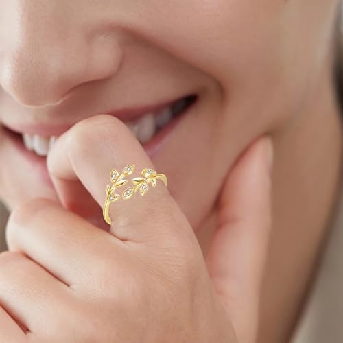 Gold Rings for Women Non Tarnish, 18K Gold Plated Trendy Stackable Gold Rings, Adjustable Open Statement Rings with Cubic Zirconia - color: Leaf Rings