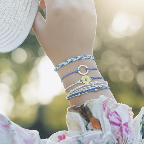 FANCY SHINY Easter Gifts Basket Stuffers Sunflower String Bracelet Boho Braided Rope Wrap Bracelets Cute Summer Beach Surfer Jewelry for Women - color: Royal Blue