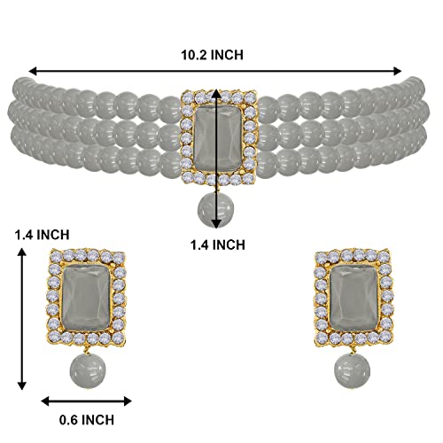 Aheli Ethnic Choker Necklace Earrings Wedding Bollywood Party Jewelry Set Gift for Women - color: Grey
