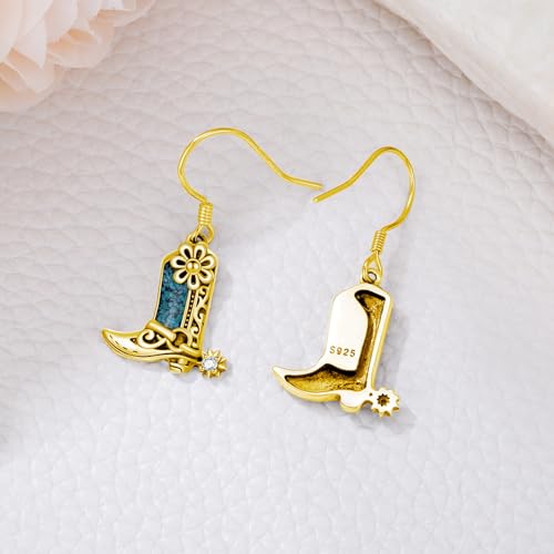 Western Earrings for Women 925 Sterling Silver Turquoise Western Country Dangle Drop Earrings Country Jewelry Gifts for Cowgirl Cowboy - style: Cowboy Boot-A Gold