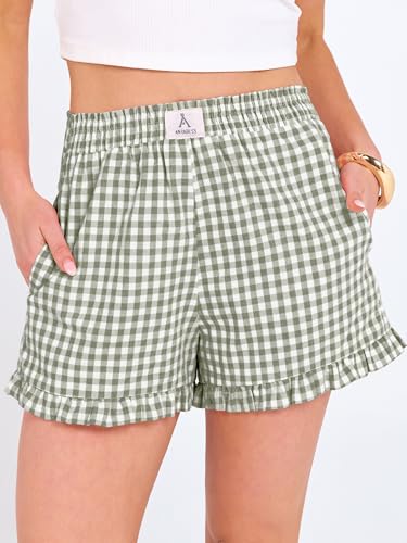 ANRABESS Boxer Shorts for Women,Gingham Plaid Elastic Waist Ruffle,Perfect for Lounge,Pajama&Sleep,Cute Casual Summer Bottoms - color: Army Green White Plaid, size: X-Large