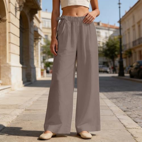 JiXiang Women's Palazzo Pants Wide Leg Boho High Waisted Side Drawstring Lounge Trousers Flowy Casual Loose Lightweight Pants - color: 1-brown, size: XX-Large
