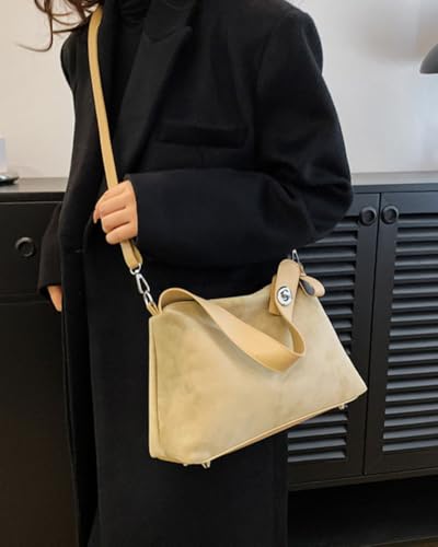 Suede Shoulder Bags For Women Crossbody Bag Suede Tote Bag Satchels Slouchy Work Purses Crescent Handbag Fall Top Handle - color: Beige