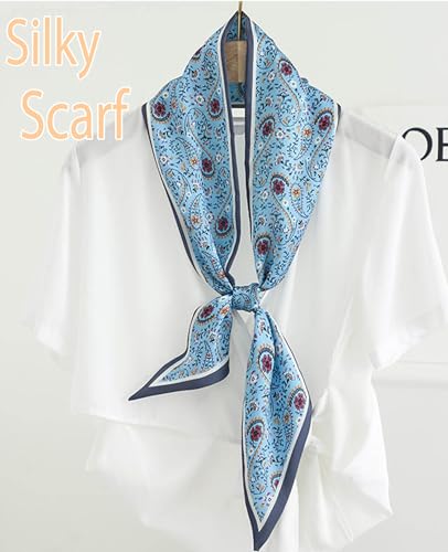 kcctoo 59” Long Silk Like Head Scarf Women's Fashion Square Neck Satin Scarfs for Bag Hair Scarves Gift 59 * 5.9” - color: D2 Blue Flower Drop Shaped 59" X 5.9"