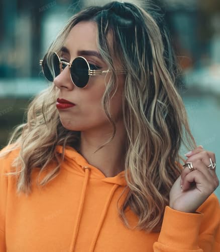 AIEYEZO Round Steampunk Sunglasses for Men Women Retro Circle Hippie Glasses Metal Frame 100% UV Blocking Lens - color: 2 Pack (Black/Red, Gold/Grey)