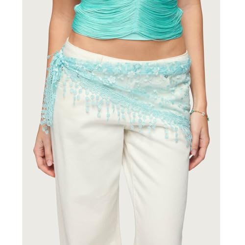 Women's Floral Lace Triangle Hip Scarf Head Kerchief Tie Waist Belt Sheer Hip Wrap Boho Head Scarf Hair Accessory - color: Z1-blue