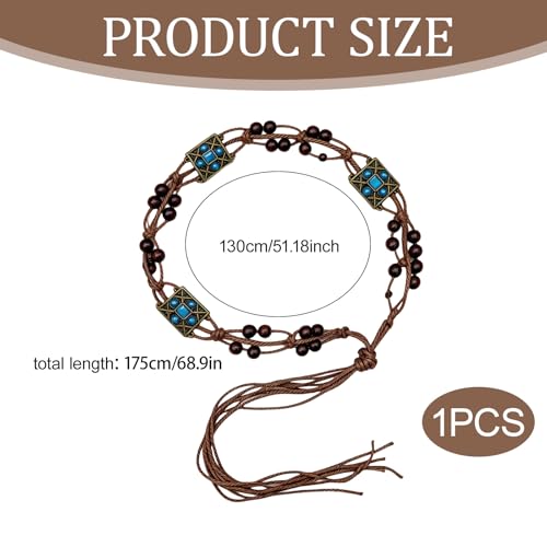 Boho Flower Wooden Bead Waist Belt, Vintage Woven Body Chain, Adjustable Cord Jewelry for Jeans Dress & Beach Wear - color: Blue1