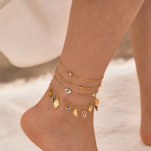 LOFITOR Ankle Bracelets for Women Glitter Waterproof Adjustable Anklet Set for Women 18K Gold Plated Silver Charm Dainty Layered Anklets, Summer Beach Anklet Jewelry for Women - style: Evil-eye Silver