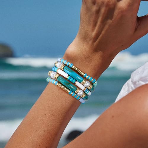Elegance 11 designs colorful bracelets for women Surfer Thick Tube Heishi Summer Beach Beaded Stackable Boho Stretch Bracelets - color: Resin Blue
