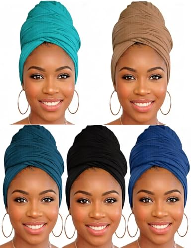Head Wraps for Black Women, Breathable Headwrap Soft Long Hair Wraps Wide Headscarves for Locs Braids - color: 5pcs-(black,denim Blue,light Green,camel,cyan)