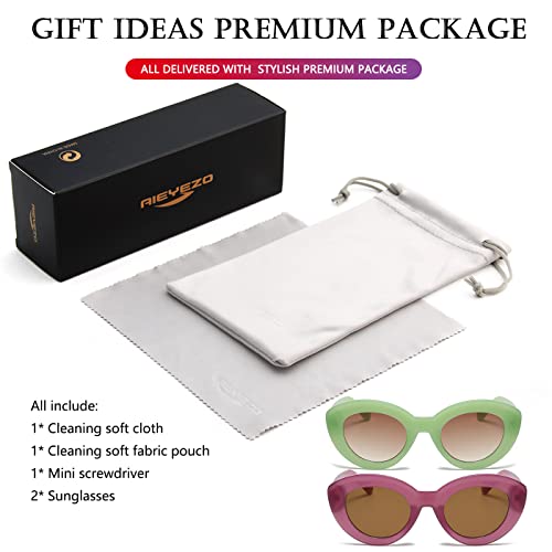 AIEYEZO Oversized Cat Eye Sunglasses for Women Cute Oval Thick Frame Cateye Sun Glasses Chic Retro Style Shades - color: 2 Set (Green + Purple)