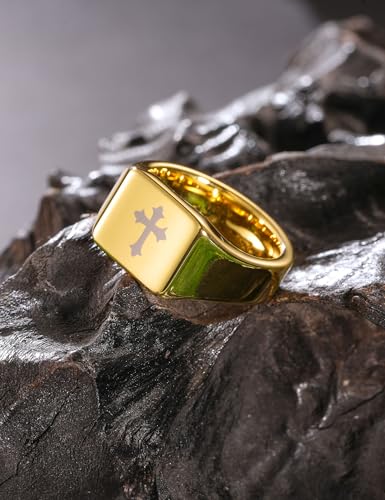 King Will Men's Tungsten Signet Rings Thumb Pinky Biker Band Ring For Men High Polished Plain Wedding Statement Ring Comfort Fit Size 7-12 - color: Cross-Gold