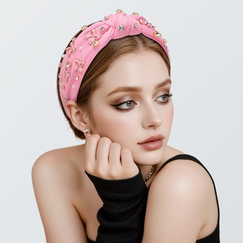 WantGor Pearl Knotted Headband, Women Rhinestone Embellished Hairband Elegant Wide Top Knot Bride Headbands Headpieces Party Fashion Elegant Ladies Hair Band Hair Hoop Accessories (Pink Bow) - color: Pink Bow