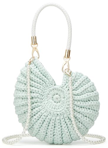 Handmade Crochet Tote Bag Seashell Purse for Women Boho Shell Handbag Crossbody Shoulder Bag Summer Beach Clutch Hobo Handbag - color: Lightgreen