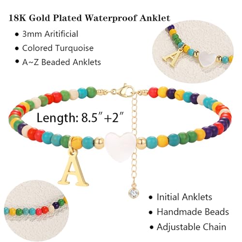 Honsny Ankle Bracelets for Women Initial Anklets Waterproof Boho Beaded Dainty Ankle Bracelets for Teen Letter Heart Handmade Adjustable Foot Chain Anklet Summer Vacation Colorful Jewelry Gift - style: E