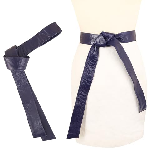 Woman's Obi Sash Tie Plus Size Waist Band Wide Solid Color Genuine Leather Belt - color: Navy Blue