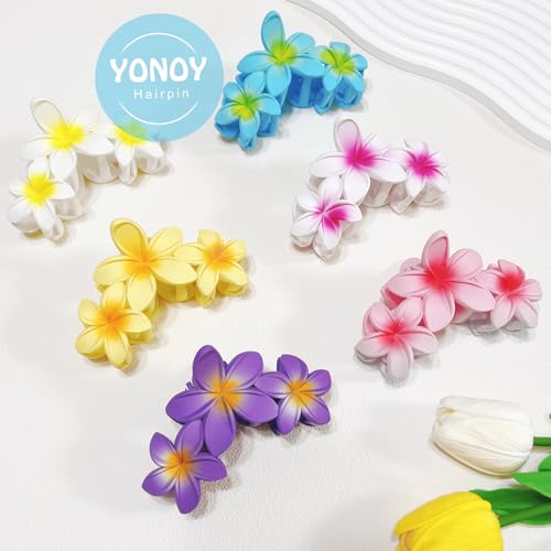 YONOY 6Pcs Flower Hair Clips for Women,Non-Slip Matte Flower Hair Clips for Women,Hawaiian Hair Flower Clip Large Plumeria Strong Hold Hair Claws Banana Cute Clip Beach Hair Accessories - color: Color H
