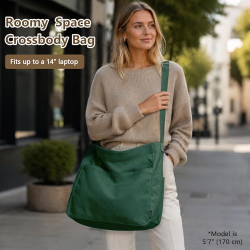 KALIDI Canvas Tote Bag Large Hobo Crossbody Shoulder Handbag Zipper Messenger Bag for Women or Men Casual College Work - color: Alpine Green