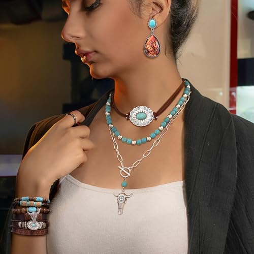 3 Pcs Layered Western Jewelry Set for Women Boho Turquoise Beaded OX-Head Necklaces Western Cactus Cowboy Chic Earrings Rustic Cowgirl Stack Bracelets Country Concert Outfits Accessory - color: Turquoise OX-Head