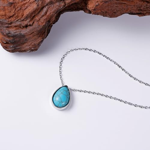 Turquoise Teardrop Necklace for Women – Silver Teardrop Turquoise Necklace with Genuine Stone, Silver Boho Gemstone Jewelry for Gift