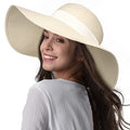 FURTALK Womens Sun Straw Hat Wide Brim UPF 80 Summer Hat Foldable Packable Floppy Beach Hats for Women - color: Beige With Beige Band, size: Medium-Large