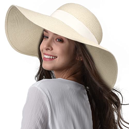 FURTALK Womens Sun Straw Hat Wide Brim UPF 80 Summer Hat Foldable Packable Floppy Beach Hats for Women - color: Beige With Beige Band, size: Large-X-Large