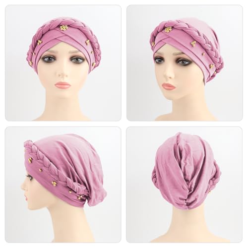 African Women Turban Caps Pre-Tied Twisted Turbans Head Scarf for Women Hair Wraps Cover Beanie Cancer Chemo Headwear - color: 1 Pack Twisted Braid: Gold Bead Pink