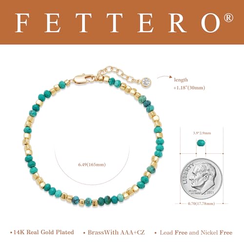 Fettero Beaded Bracelets for Women Charm Natural Stone Handmade Beads White Gold Plated Dainty Gold Bracelets Non Tarnish Boho Summer Beach Vacation Jewelry - color: Green Tur