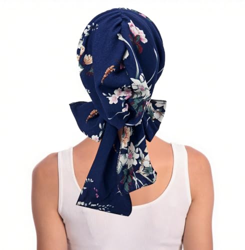 XYIYI Chemo Headwear for Womens Cancer Patients, Head Scarf Chemotherapy Headwraps Hat - color: Navy Blue Flowers