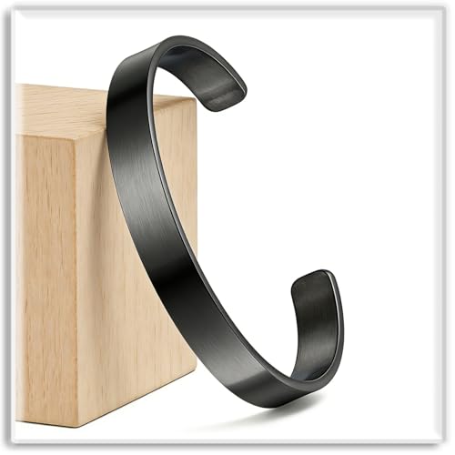 Xusamss Open Cuff Bracelet for Men Stainless Steel Wide Flat Bangle, Simple Mens Jewelry, Polished Steel Bracelet Band for Men, Wide Cuff Bracelet - color: Black