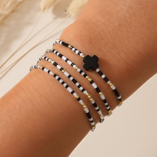 Gold Colorful Beaded Cross Bracelet Stack Set for Women,Handmade Bohemian Seed Beads Stacked Bracelets Fashion Holiday Jewelry Gift - color: Black