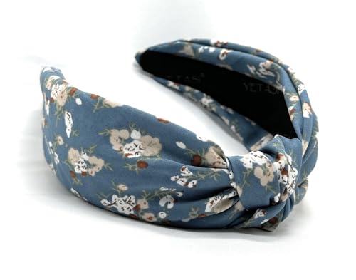 Fall Pastal Blue Bloom Floral for All Day, Colorful Autumn Flower Satin Headbands for Women, Silk Feel, Soft Fabric, Knotted Headband Fashion Designer Top Knot Womens Girl - color: Blue Bloom