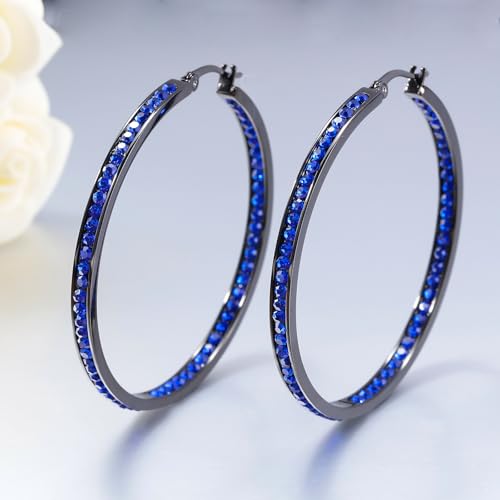 CiNily Mult-colors Crystal Stainless Steel Hoop Earring for Women Hypoallergenic Jewelry for Sensitive Ears Large Big Hoop Earrings 2" - color: Black Gold-Dark Blue