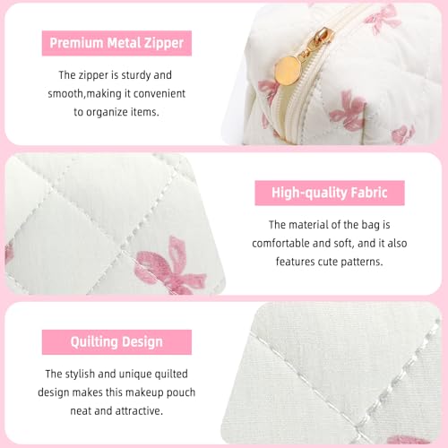 Small Makeup Bag Quilted Cosmetic Bag Floral Travel Toiletry Bags for Women Cute Pencil Case Quilted Makeup Pouch Aesthetic Coquette Cosmetic Pouch Cotton Make Up Bags Cute Zipper Pouches White - color: Ae-pink bow
