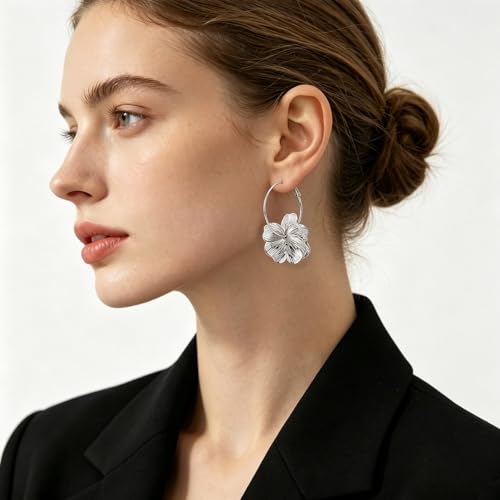 Gold Silver Filigree Floral Dangle Earrings for Women, Long Drop Statement Earrings for Vintage Wedding Jewelry - style: Silver Floral Hoop Earrings