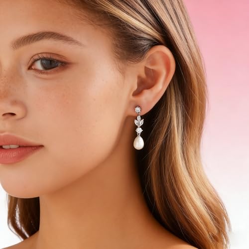 Pearl Earrings for Women Dainty Diamond Pearl Drop Earrings 14k Gold Plated Dangle Earrings for Women Weddings Gifts Bridesmaid Gifts - color: A-silver pearl earrings